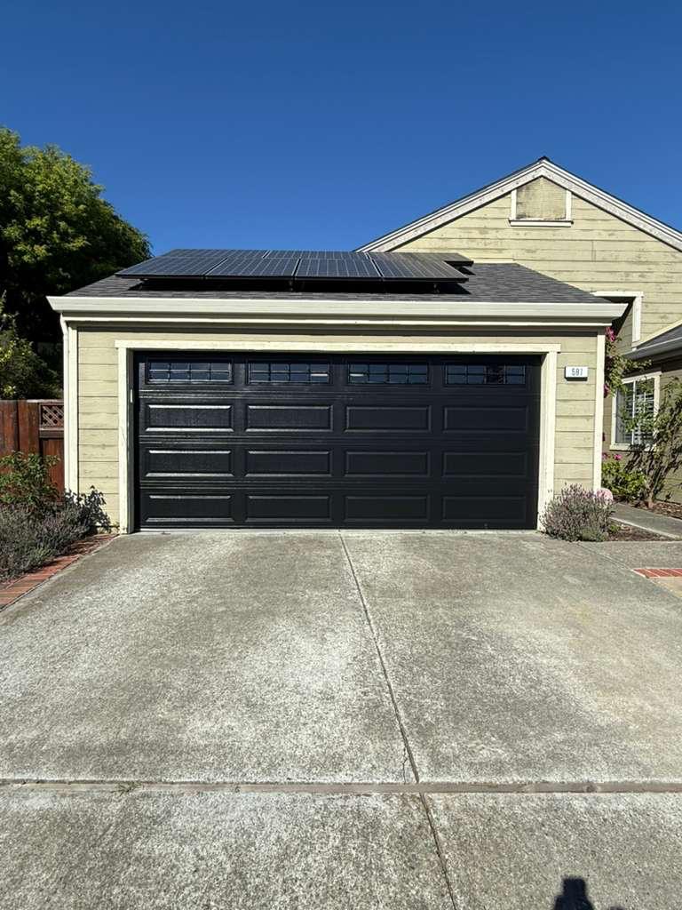 A residential double garage door at a Bay Area home