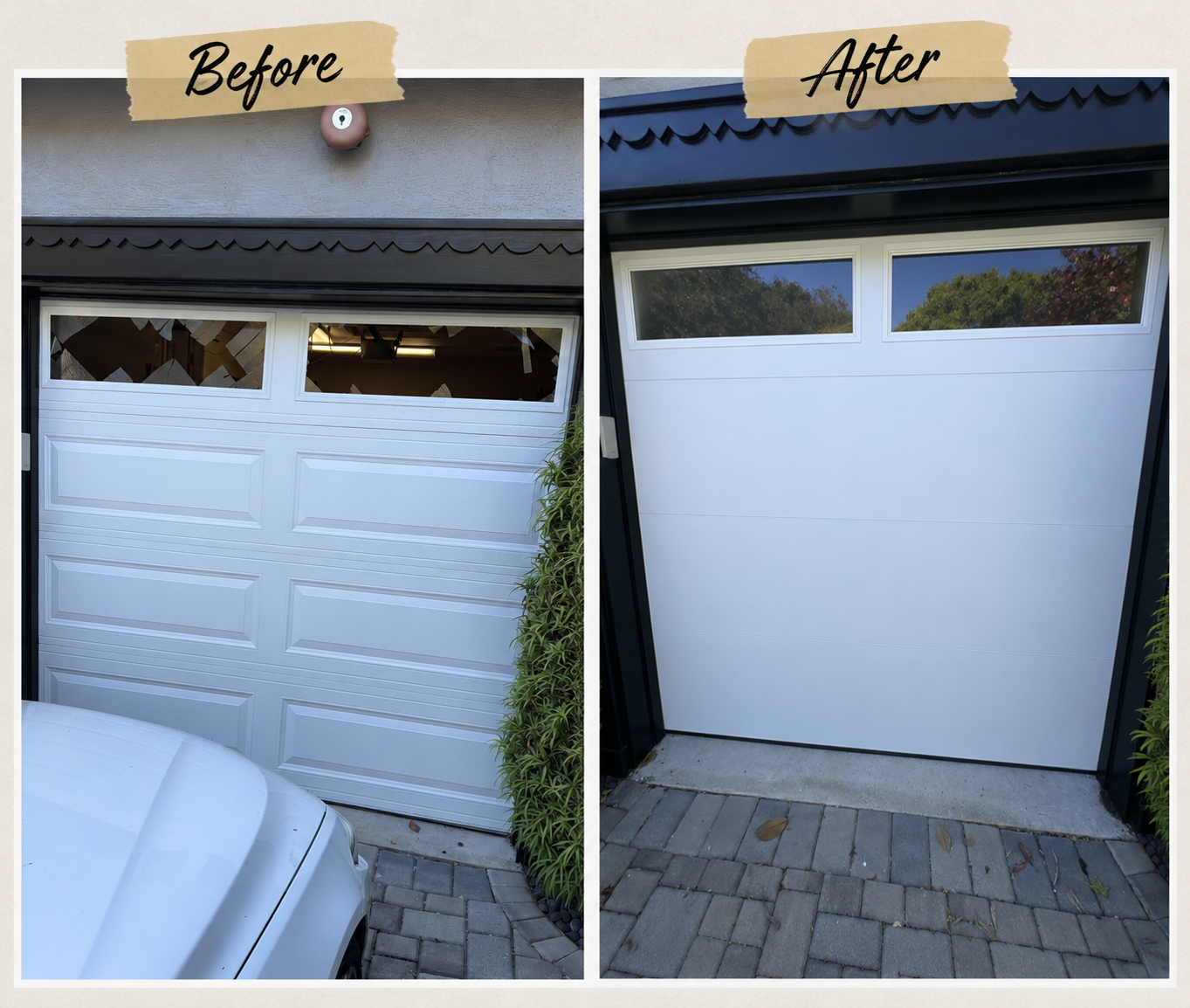 Before and after garage door replacement Bay Area — old door replaced with new white long-panel steel same day