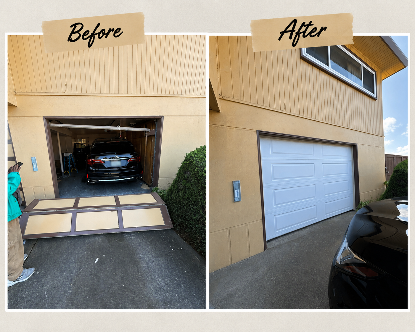 Before and after garage door emergency off-track repair Bay Area — damaged door replaced with new white panel