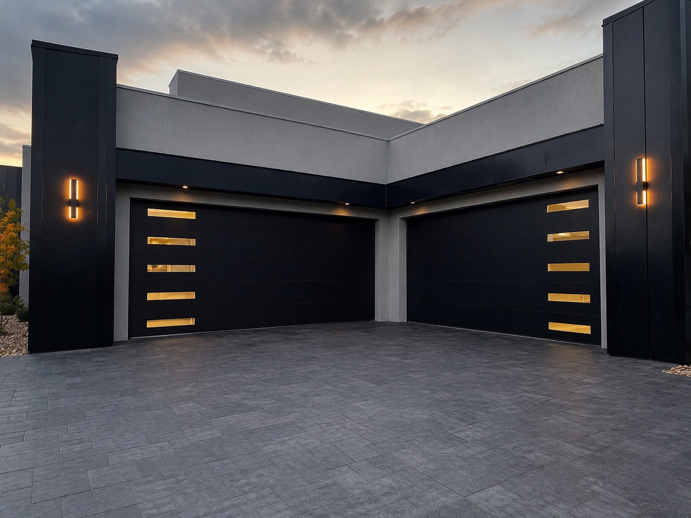 Black contemporary steel garage door on a modern Bay Area home