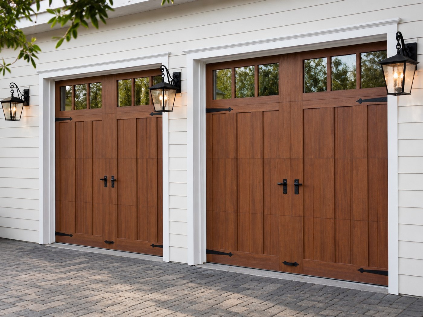 Faux-wood carriage-style garage door with the look of natural timber