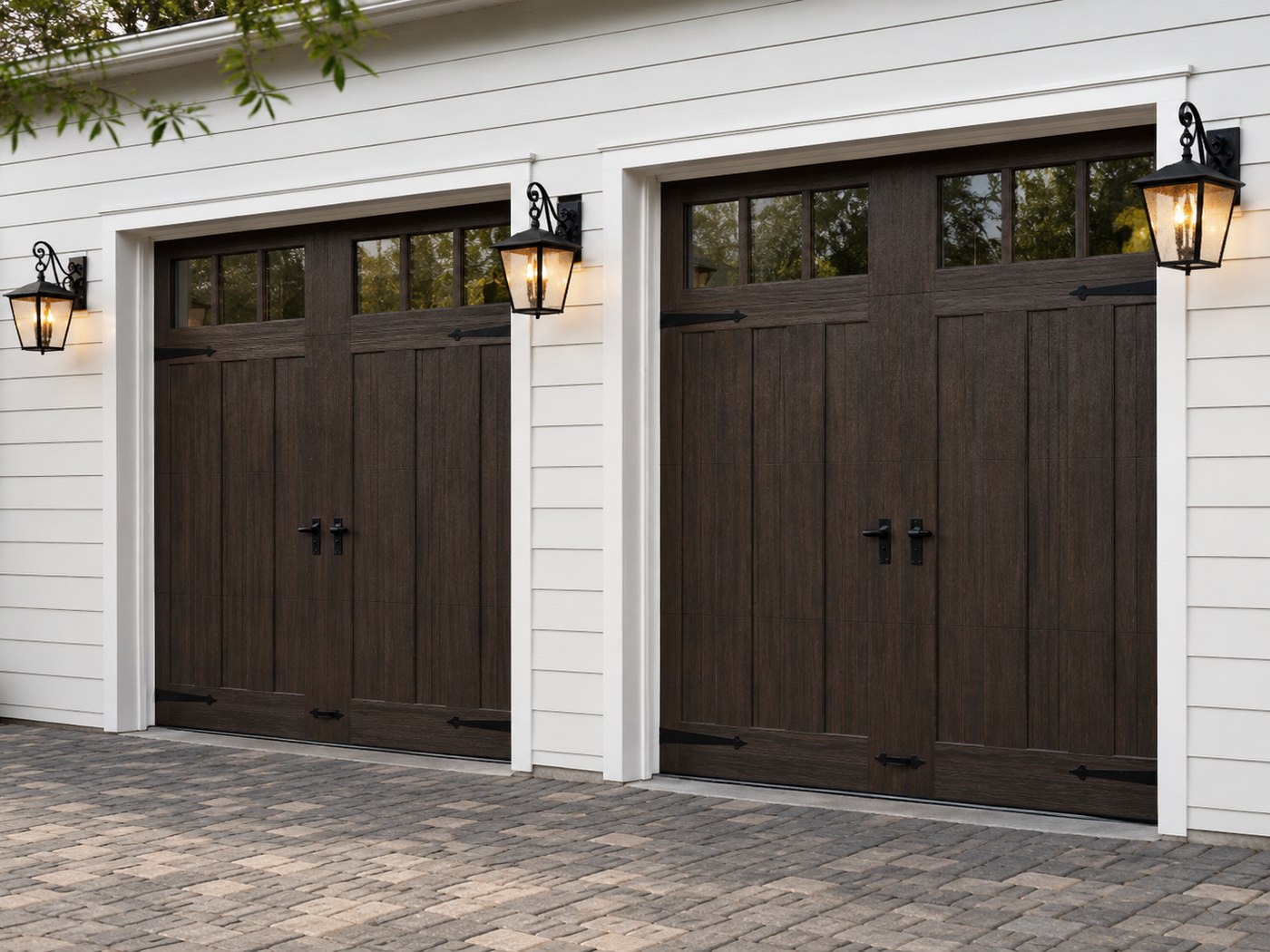 Two dark faux-wood carriage-style residential garage doors on a Bay Area home