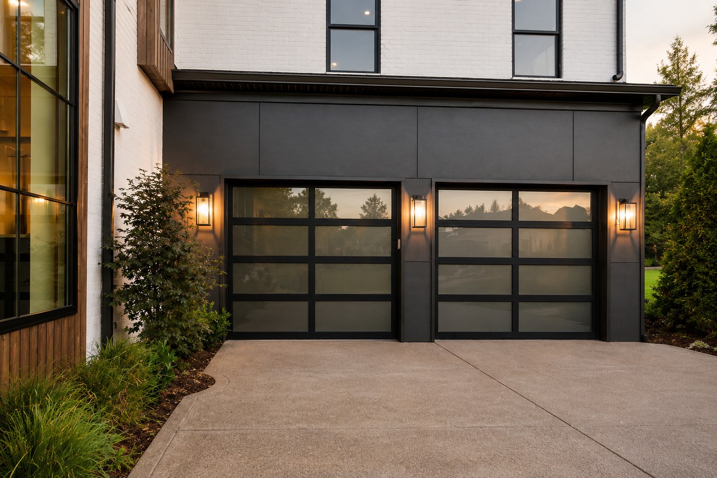 Full-view glass and aluminum garage door letting light into the garage