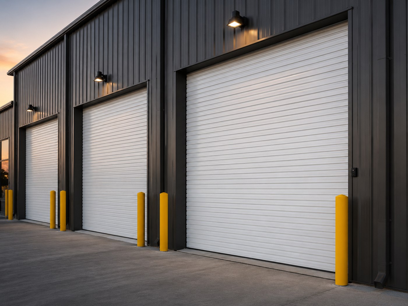 Commercial roll-up steel door on a Bay Area warehouse loading bay