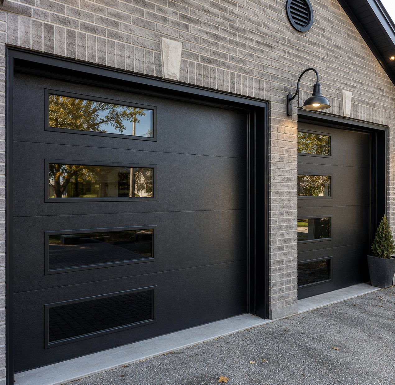 Black modern steel garage doors with horizontal windows Bay Area installation