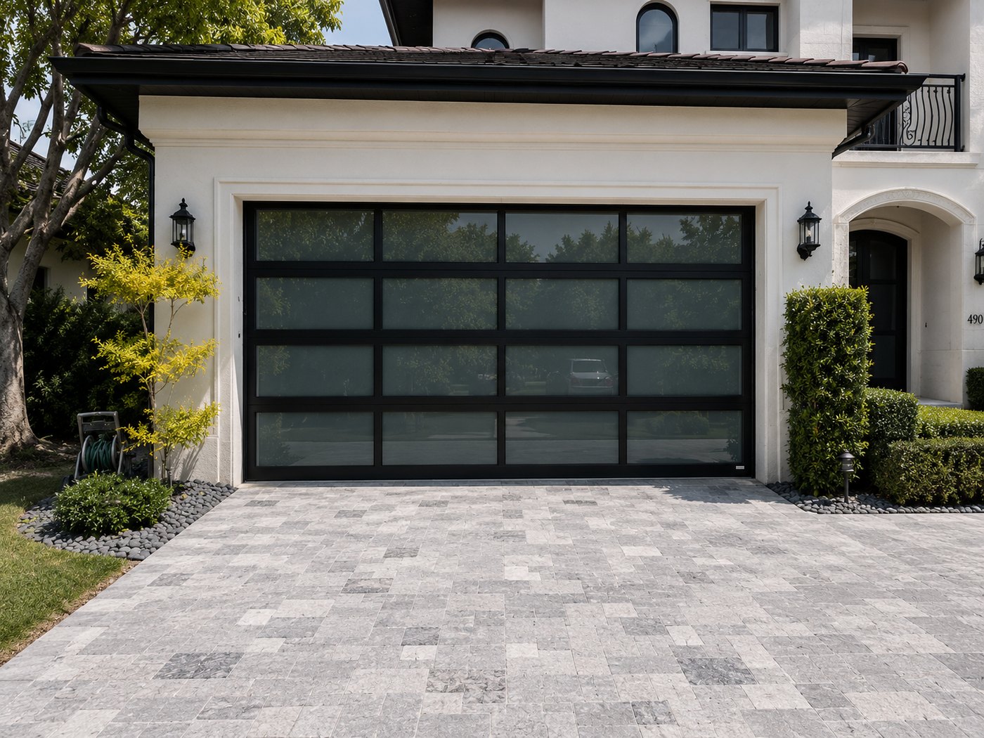 Full-view aluminum glass garage door luxury home Bay Area installation